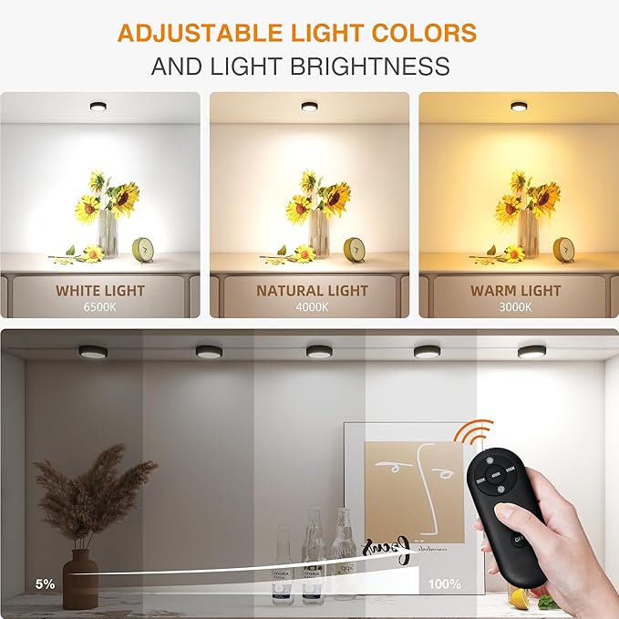 Rechargeable Puck Lights with Remote Control,LED Under Cabinet Light with Full-Screen,3 Color Temperatures Stick On Wireless, Tap for Kitchen,Cabinet,Counter,Closet,Shelf,2 Pack, Black