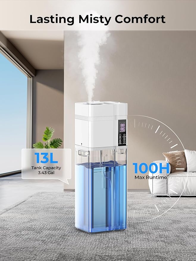 13L/3.43Gal Humidifier Large Room, 800ft² Coverage, 100H Runtime, Auto Humidity Control, Top Fill, Humidifiers for Bedroom, 35dB Quiet, Sleep Mode, Aroma Diffuser, 24H Timer, Auto Shut-off Protection