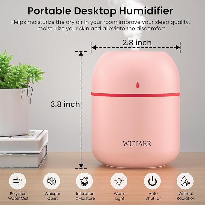 Portable Small Humidifier, WUTAER USB Personal Desktop Humidifier for Car, Office Room, Bedroom, Auto Shut-Off, 2 Mist Modes, Super Quiet(220ml, Pink)