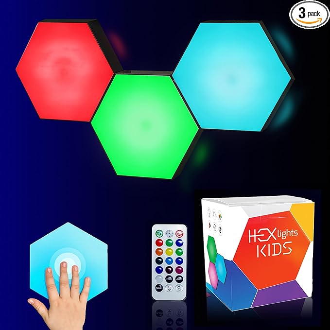 Emberela HEXlights Sensory Lights for Kids - 3pk Touch Hexagon Lights, Remote Controlled - Autism-Friendly Tap Tap Wall LED Panels for Sensory Room - Table Stand Included | Gifts for Kids with Autism