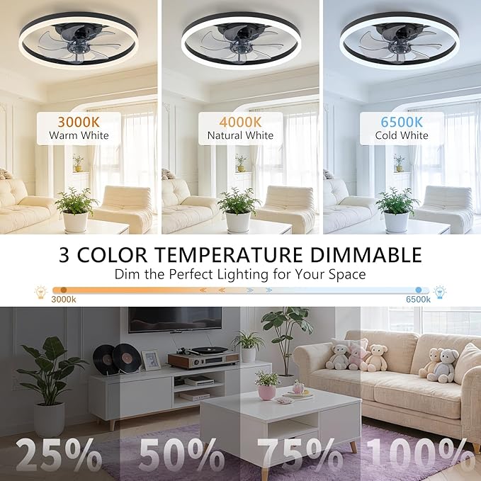 20" Low Profile Ceiling Fans with Lights and Remote & APP, Dimmable 3000-6500K LED Fandelier Ceiling Fan with Light, Modern Flush Mount Ceiling Fan Light for Living Room, Bedroom and Kitchen