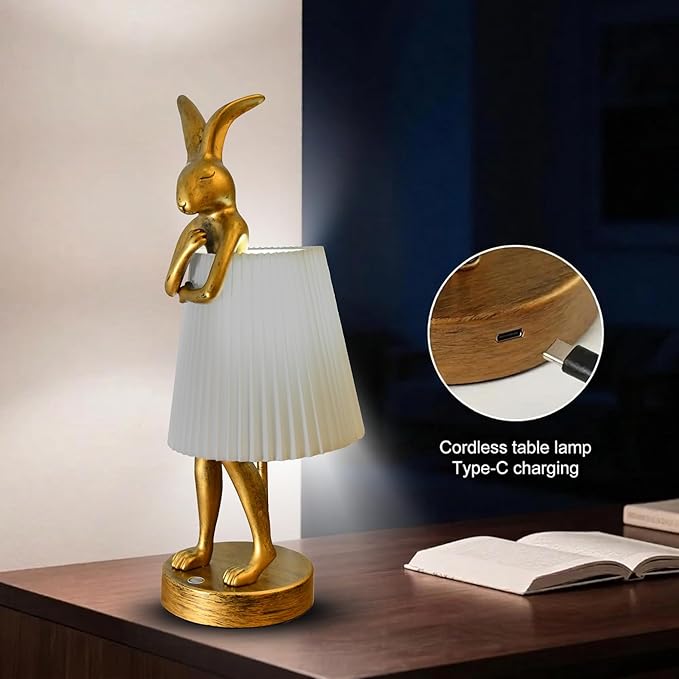 Cordless Rabbit Table Lamp Rechargeable LED 5000mAh, 15.7” Cute Decorative Night Light with Linen Shade & Gold-Tone Bunny Design, Portable Touch Dimmable Bedside Lamp for Bedroom, Home Decor (gray)