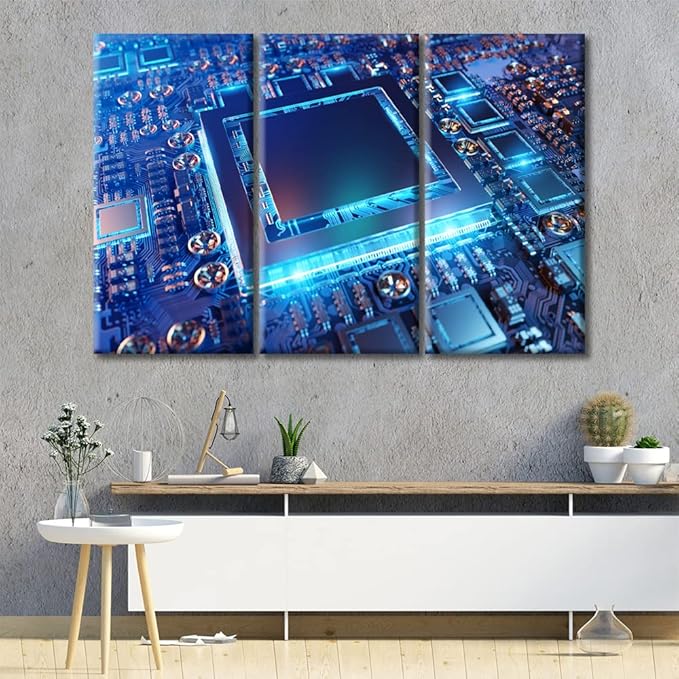 Canvas Wall Art Computer Processors CPU Wall Art for Living Room 3 Piece Modern GPU Card with Circuit and Colorful Lights Wall Decor Living Room Print on Canvas Framed Ready to Hang (60"Wx40"H)