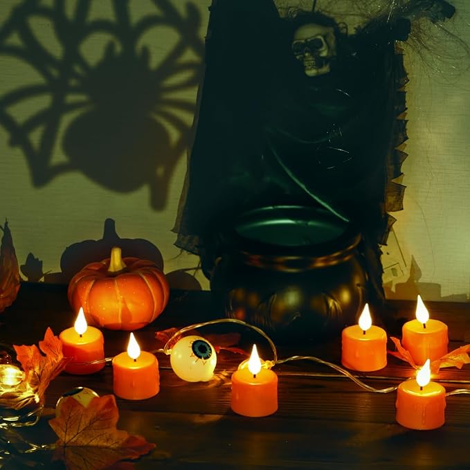 6 pcs Halloween Orange LED Tea Light Candles Rechargeable Flickering Flameless Pumpkins Lantern Tealights with Remote for Fall Thanksgiving Christmas Decor (Orange)