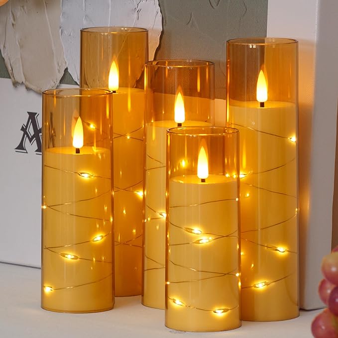 Flameless Flickering 2.2" x5" 6" 7" 8" 8" Candles, LED Battery Operated Gold Clear Plastic Timer Pillar Realistic Wick Candles (Long Lasting 500 Hrs, Pack of 5)