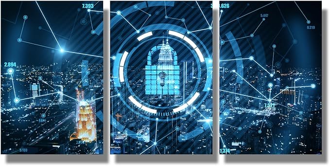3 Panel Modern Wall Art Data Safety Security Concept Double Exposure Poster on Canvas for Bedroom Living Room Wall Decoration, Cloud Services Artwork Giclee Framed Ready to Hang, 16x24inchx3