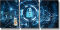 3 Panel Modern Wall Art Data Safety Security Concept Double Exposure Poster on Canvas for Bedroom Living Room Wall Decoration, Cloud Services Artwork Giclee Framed Ready to Hang, 16x24inchx3