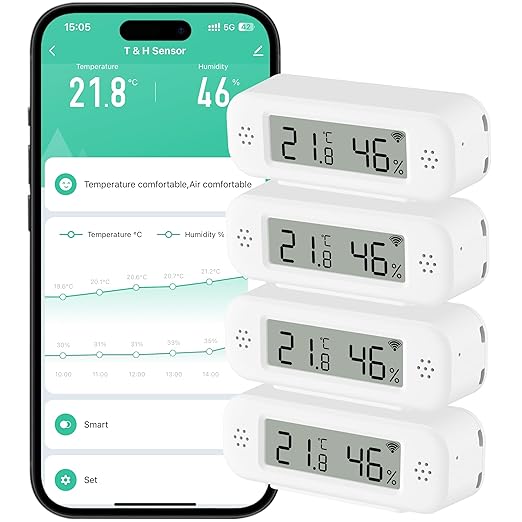 WiFi Thermometer Hygrometer Sensor, Temperature & Humidity Sensor with Notification Alarm for Remote Applications, Free Data Export, Compatible with Alexa- 4 Pack