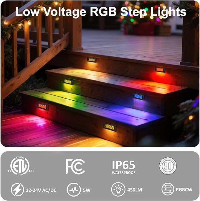 Outdoor Stair Lights, 5W 8.7" 12V LED RGB Color Changing Low Voltage Under Deck Stair Lights Wired for Step Deck Fence Outdoor Waterproof, 0.6'' Ultra Thin Surface Mount, Black, 12PK
