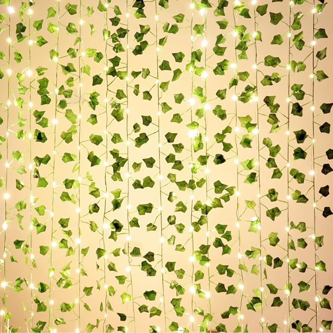 Comtelek 12 Pack Fake Vines for Room Decor with 100 LED String Light Artificial Ivy Garland Hanging Plants Faux Greenery Leaves Bedroom Aesthetic Decor for Home Garden Wall Wedding