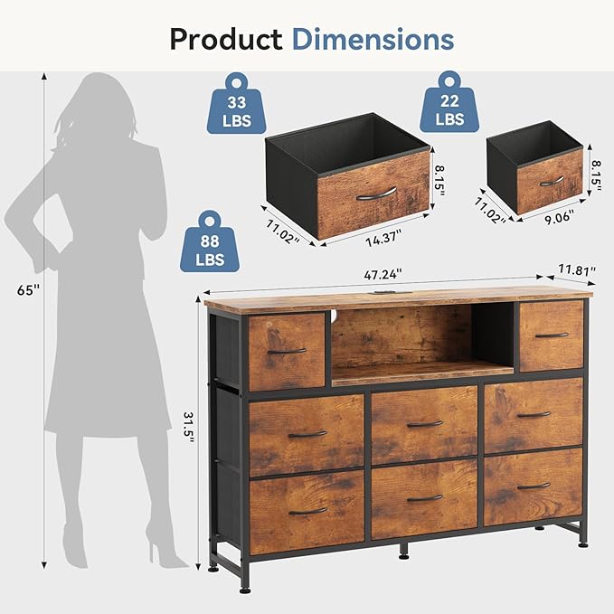 DUMOS TV Stand Dresser with 8 Fabric Drawers and Open Shelves, LED Entertainment Center with Charging Station, Wood Top Media Console for 45-55 inch, Bedroom, Rustic Brown