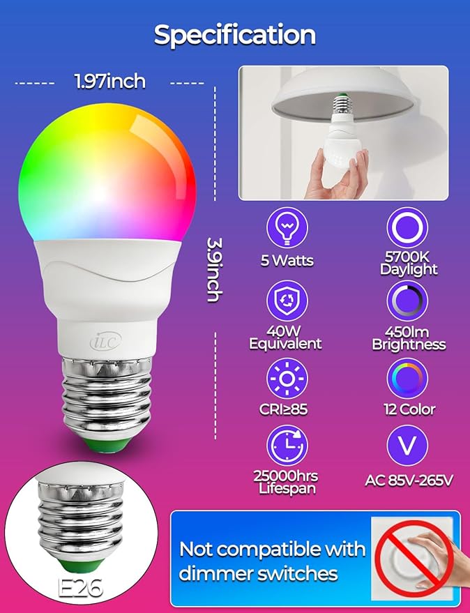 ILC RGB LED Light Bulb, Color Changing 40W Equivalent, Daylight White, 450LM Dimmable 5W E26 Screw Base RGBW, Mood Light Bulb - 12 Color Choices - Timing Infrared Remote Control Included (8 Pack)