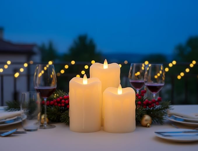 Flameless Pillar Candles Flickering with Remote Timer, Battery Operated LED Candles Up to 400 Hours, 3D Moving Flame Real Wax Candles. (Ivory with Dripping Tear)