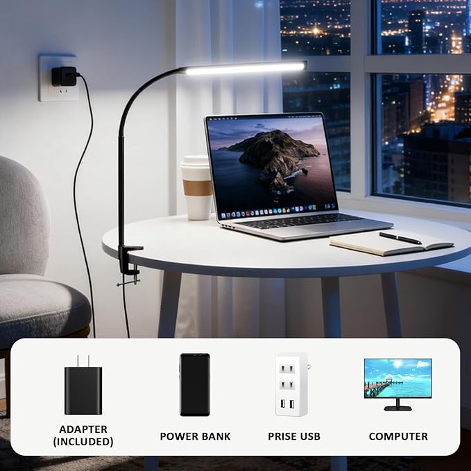 LED Desk Lamp with Clamp Clip on Reading Light Dimmable USB Small Clamp Lamp with 3 Color Modes 10 Brightness, Adjustable Flexible Gooseneck Workbench Light for Bed Headboard, Nail, Computer
