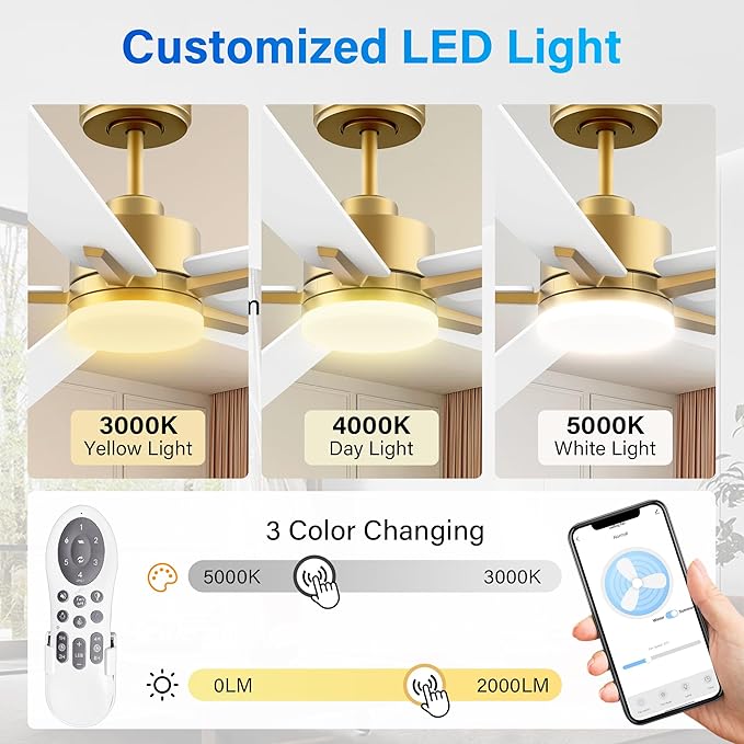 60 Inch Smart Ceiling Fan with Lights Remote,Control via Voice Alexa Google App Wifi,Silent DC Motor,Dimmable,Outdoor Indoor Modern Ceiling Fans for Large Bedroom Living Room Patio,Gold White Black