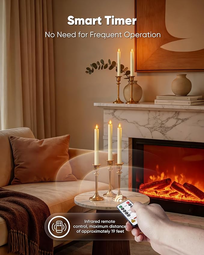 Homemory 2 Pcs Real Wax Made Flameless Taper Candles with Remote and Timer, 9.6" Ivory Battery Operated Candle Stick Flickering, Led Taper Candles with Lifelike Flame for Indoor Home Decor