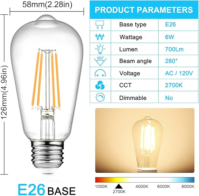 Ascher Vintage LED Edison Bulbs, 6W, Equivalent 60W, Non-Dimmable, High Brightness Warm White 2700K, ST58 Antique LED Filament Bulbs with 80+ CRI, E26 Medium Base, Clear Glass, Pack of 4