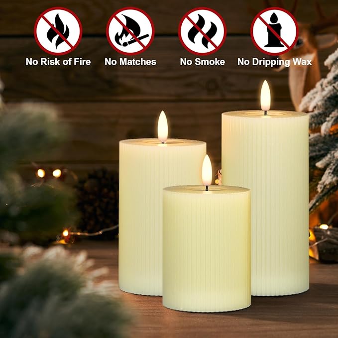 DRomance Battery Operated Flameless Candles with 6 Hour Timer 3 Pack Real Wax Vertical Stripe 3D Wick Flickering LED Pillar Candles Dinner Wedding Christmas Holiday Decor(Ivory, 3" D x 5", 6", 7" H)