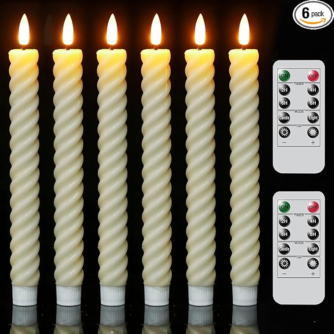 Wondise Flameless Taper Candles with Remote Timer, Real Waxy Battery Operated Flickering Spiral Candlesticks, 3D Wick LED Candles 9.6inch for Halloween Christmas Holiday Wedding Decoration (Ivory