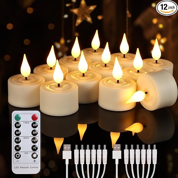 Rechargeable Tea Lights with Remote Control & Timer Flickering Flameless 3D Wicks Tealight Candle Candles with Charging Cable for Home,Halloween,Christmas Decor (12pcs,Warm White(A))