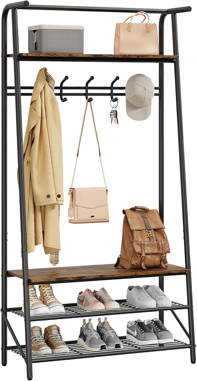3-in-1 Hall Tree Coat Rack with Bench & Shoe Storage – Sturdy Metal Frame, 5 Hooks, Clothes Rail – Entryway Organizer for Hallway, Mudroom, Front Door – Black & Natural – 80 Single Row Hook