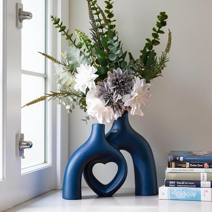Snuggle Hollow Decorative Ceramic Vase, 8.3 Inch Hug Donut Modern Nordic Boho Style Vases for Aesthetic Home Decor, Anthropologie Living Room Shelf Coffee Table Décor (Navy Blue)