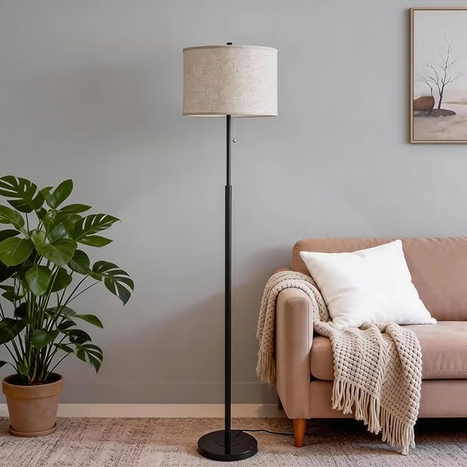 Modern Floor Lamp for Living Room with Beige Shade, Pull Chain Switch, 66" Tall Industrial Floor Lamps Reading with Marble Base for Bedroom Office (9W LED Bulb Included) -Black