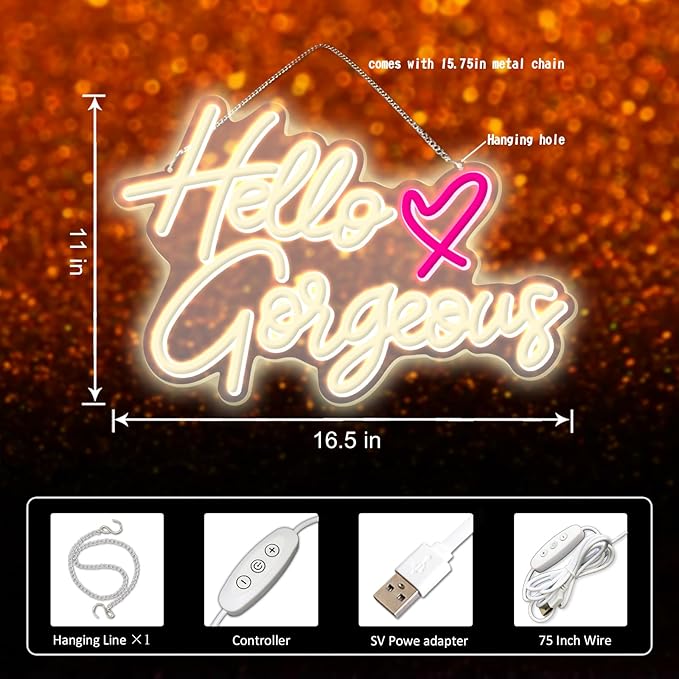 Hello Gorgeous Neon LED Neon for walls Warm White neon lights for bachelorette parties Birthday Engagement parties Wedding decorations with switch 16.5 "X 11"