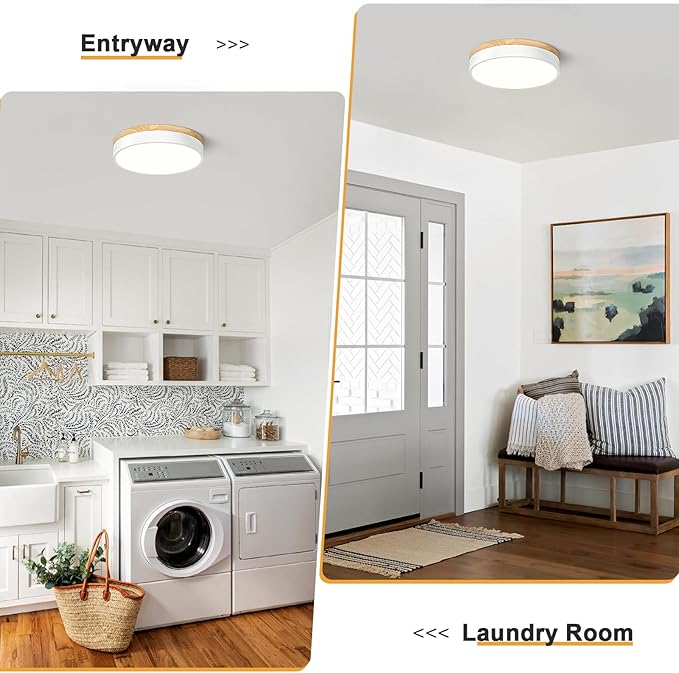 Modern Dimmable Wood Ceiling Light, White Round LED Flush Mount Ceiling Lighting Fixtures, Minimalist Ceiling Lamp for Kitchen Bedroom Laundry Room Living Room Entryway Hallway&11.81 in