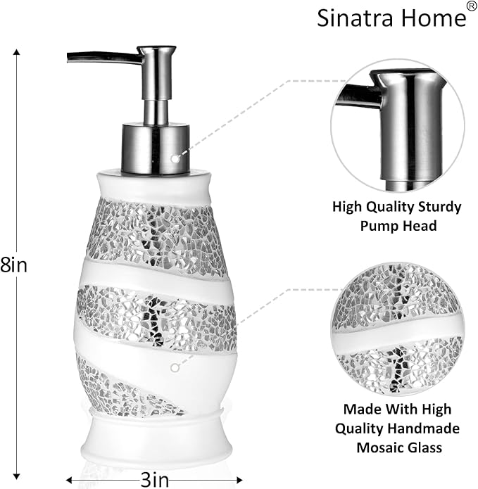Zahari Home 4pc Sinatra Stylish Bathroom Accessories Set White Soap Dispenser, Tumbler, Tooth Brush Holder and Soap Dish Modern Classic Luxury Decor Bling Mosaic Glass White Bathroom Accessories