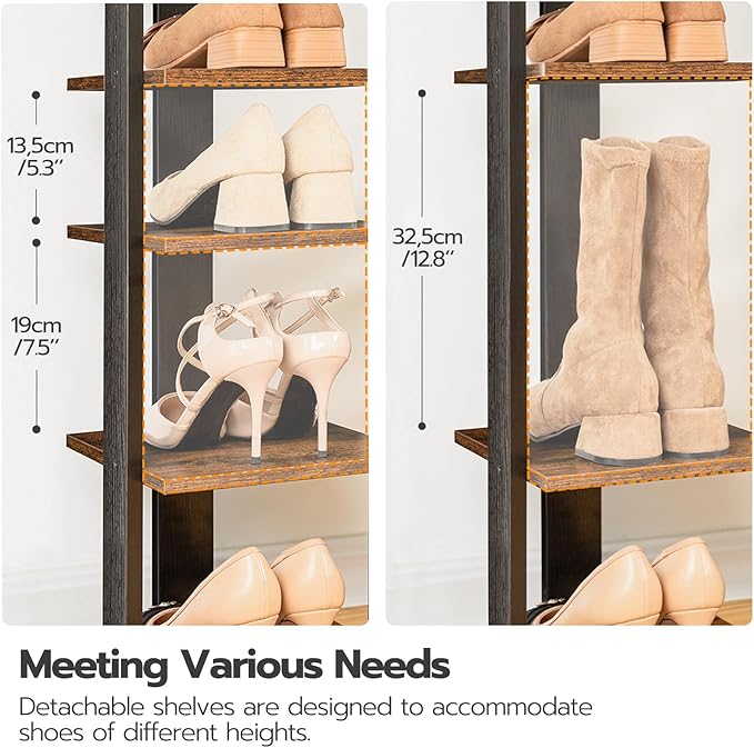 HOOBRO Vertical Shoe Rack for Front Door Entryway, 7 Tier Wooden Shoe Storage Organizer with Hooks, Narrow Shoe Tower for 7 Pairs, Space Saving, for Corner, Closet, Bedroom, Rustic Brown BF61XJ01