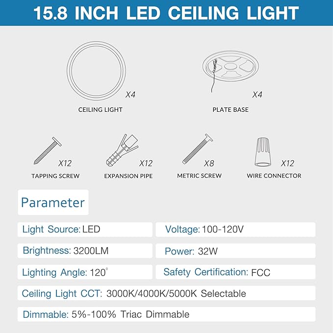 15.8 Inch Large Dimmable LED Flush Mount Ceiling Light 4 Pack, 32W 3200LM Low Profile Ceiling Light with 3 CCT (3000K/4000K/5000K), 5%-100% Dimming, Ultra-Thin 0.8", for Bedroom, Kitchen & Office