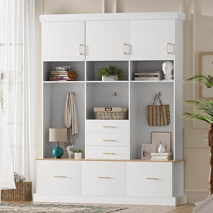 Amposei Hall Tree with Storage Bench & Coat Rack 58’’W Modern Tall Entryway Oranizer Cabinet with 6 Drawers, 3 Metal Hooks for Living Room Hallway Mudroom, White