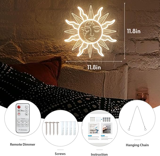 Vintage Burning Sun and Moon Neon Sign - Remote Dimmer 3D Boho Aesthetic Room Decor Celestial Mystic Sun Moon USB Power LED Sign Light w/Closed Eyes Psychedelic for Bedroom Gift - 12"