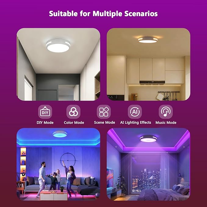 RGBIC LED Smart Flush Mount Ceiling Light, Flush Mount Light Fixture with Remote Control WiFi, Works with Alexa DIY Colors, 3000-5000K Dimmable Ceiling Light for Bedroom Living Room Entryway
