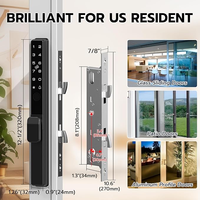 Sliding Door Lock, Smart Door Lock with Fingerprint RFID Keypad Bluetooth App Control, Electronic Biometric Digital Code with Double Hook for Thickness 22~110mm, Keyless Entry Patio Door Lock