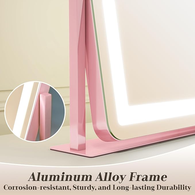 ROLOVE 22x16 Inch Pink Vanity Mirror with Lights，Dimmable LED Lights，3 Color Modes, Smart Touch Control，10X Magnification，Light up Makeup Mirror for Desk, Gift for Teen Girls