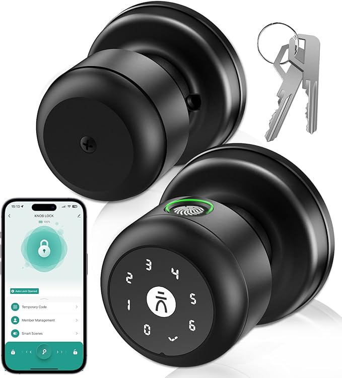 Fingerprint Door Lock, Smart Fingerprint Door Knob with Lock, Biometric Door Locks with App Control & Key, Keyless Thumbprint Entry Door Locks for Bedroom, Front Door, Apartment- Black