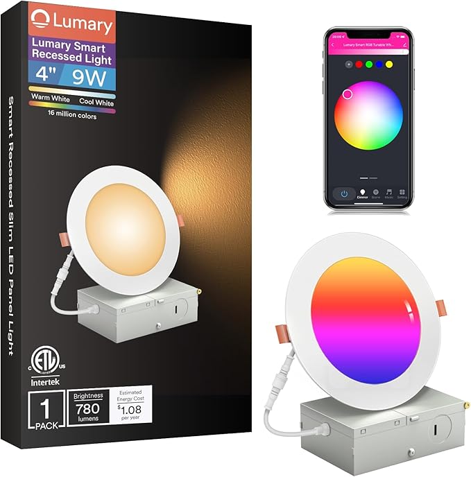 Lumary Smart Recessed Lighting 4 Inch, Color Changing LED Downlight 9W 780LM, Wi-Fi Bluetooth Soffit Lights with J-Box, Compatible with Alexa/Google Assistant/BT Remote, ETL Listed, 1 Pack