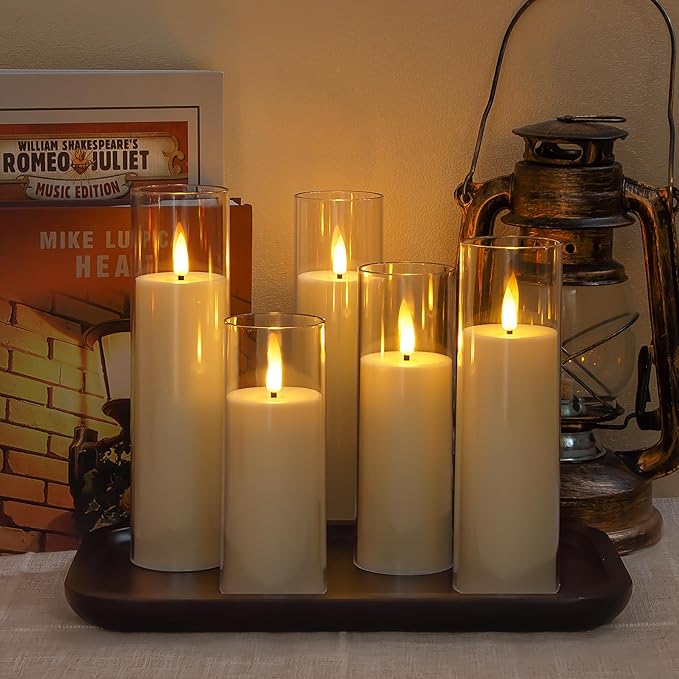 Acrylic Flameless Flickering Candles with Remote Control and Timer, Battery Operated LED Fake 2.2" x 5",6",7",8",8" Plastic Pillar Candles for Home Decor(Long-Lasting, Ivory)