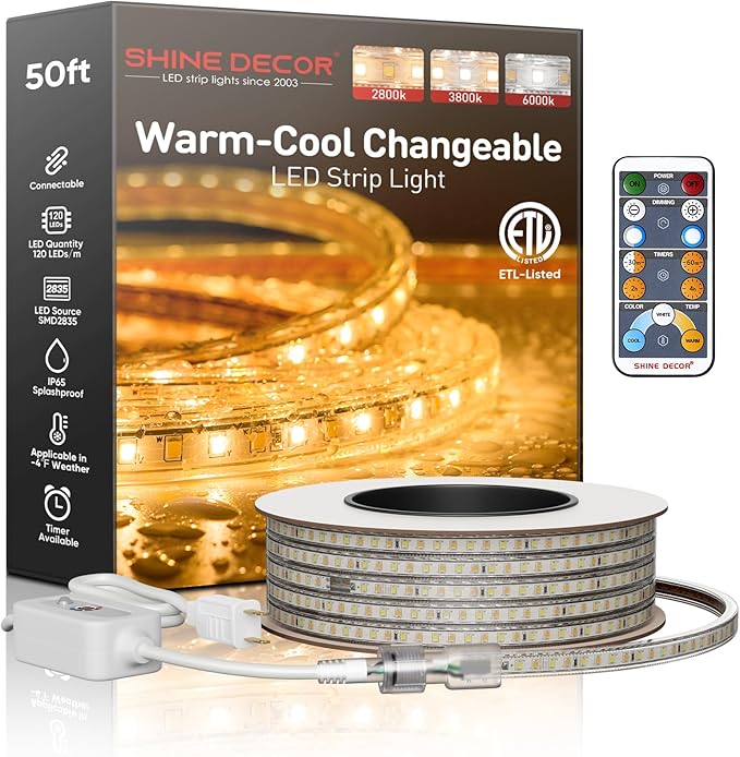 Shine Decor LED Strip Light Connectable, CCT 2800-6000K Warm-Cool Changing Tone for Room, 50FT 120V Plug-in Outdoor Rope Lighting Cold Resistant Waterproof ETL Listed, Remote Timer Available