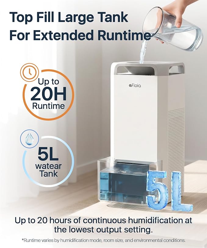 Afloia Humidifier for Bedroom Large Room - Mist Free Evaporative 2 in 1 Humidifier and Air Purifier in One Combo for Home with Top Fill 5L Tank/Humidity&Air Quality Sensor/2-24H Timer