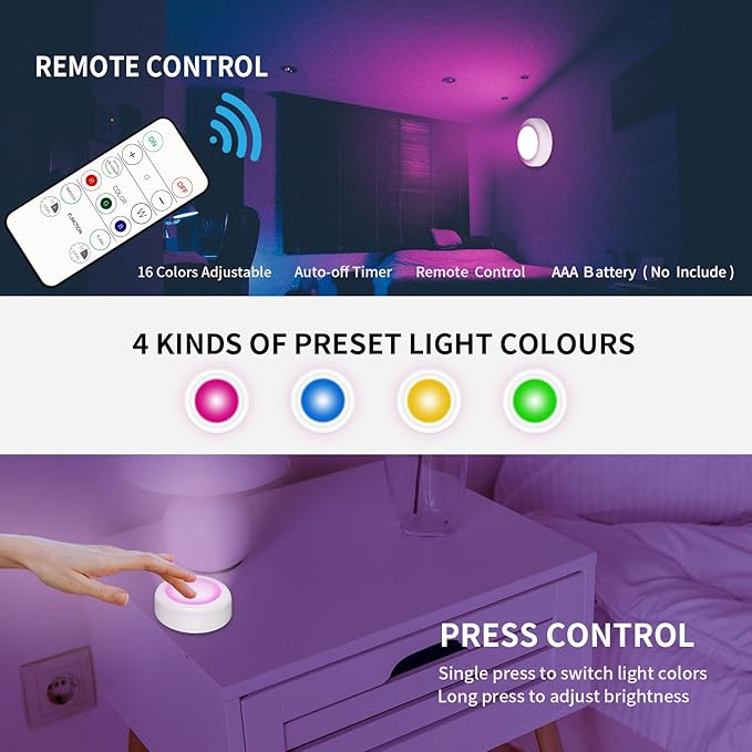 LED Puck Lights with Remote Control,Wireless Under Cabinet Lighting Battery Operated, Dimmable Timing Function Push Lights for Kitchen Cabinets, Christmas, Bedrooms (2.36*2.36*1.04 in)