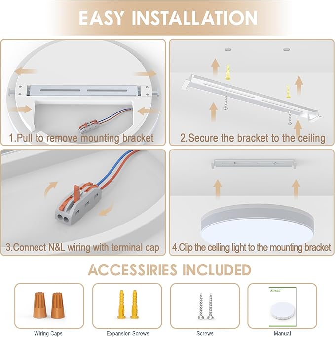 Airand LED Flush Mount Ceiling Light, 18W 1650LM Ceiling Light Fixtures 5000K Daylight, 9.4 Inch Round Waterproof LED Ceiling Lamp for Bedroom, Living Room, Dining Room