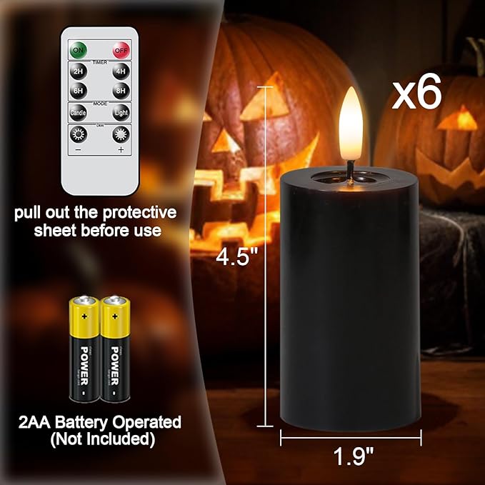 Halloween Decorations Mirror Surface Candles with Remote Timer, Battery Operated 6pcs Real Wax LED Votive Candle Realistic Flickering for for Halloween Decor Lantern Φ 2" H 4.5” Black