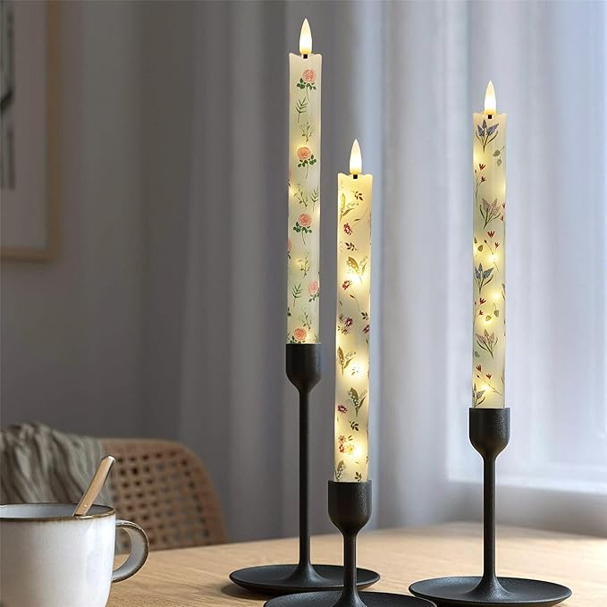 Floral Candles Remote Candlesticks-10inches Timer Flickering Battery Operated Candle Chinoiserie LED Taper Candles Lights for Home Wedding Tea Party Windows Decor,3PCS-RFL