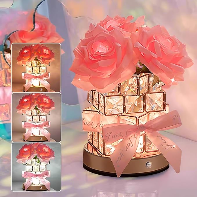 Rose Flower Lamp,Rechargeable Cordless Touch Table Lamp for Bedroom,3-Colour Dimming Small Night Light,Crystal Bedside Lamps with USB Charge,Birthday Valentine's Day Gifts for Women,Mom,Wife,Her