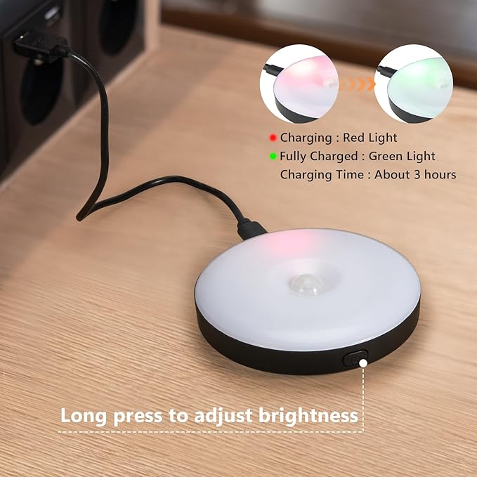 Stick On Lights, LED Puck Lights, Rechargeable Motion Sensor Night Light, 3 Operating Modes, Adjustable Brightness,Under Cabinet Lightins for Bedroom, Closet, Kitchens (2 Pack).