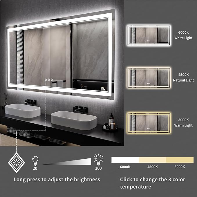 Big Bathroom Mirror, 84x40 Inch Gradient Front and Backlit Lighted Mirror, 3 Colors Dimmable CRI>90 Double Lights, IP54 Enhanced Anti-Fog, Wall Mount LED Vanity Mirror