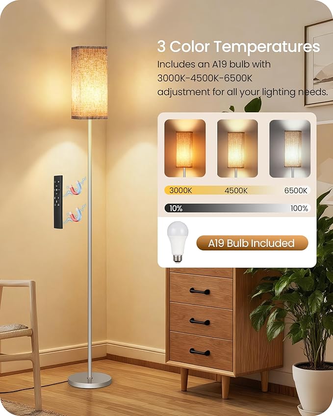 64.2'' Dimmable Floor Lamp for Living Room with Remote and Foot Switch, Corner Floor Lamp for Bedroom, Includes 10W A19 Bulb, Modern Standing Tall Lamp, ETL Listed Silver and Beige SE17LD05